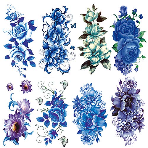 Yesallwas 8 Lap Kék Hamis Rózsa Tetoválás Ideiglenes Virág Tetoválás a Nők Vízálló Váll Gyönyörű Virág Tetoválás Minták