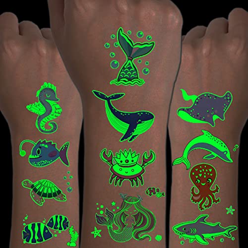 CHARLENT Fénylő Óceán Állatok Tetoválás Gyerekeknek - 14 Lap Világít A Sötétben A Tenger Alatt Lény Ideiglenes Tetoválás