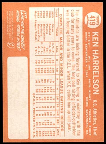 1964 Topps 419 Ken Harrelson Kansas City Atlétika (Baseball Kártya) EX Atlétika