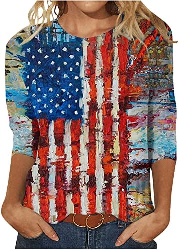 Ausyst Nők Amerikai Zászló július 4-én Tshirt Alkalmi 3/4-Es Ujjú Kerek Nyakú Pulóver Csillagok Csíkos Grafikus Hazafias