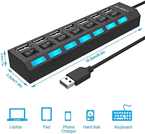 A Multi Port USB Elosztó, 7-Port USB 2.0 Hub, USB Port Adatok Hub Független On/Off Kapcsoló, LED Indikátorok, Lámpák, Laptop,