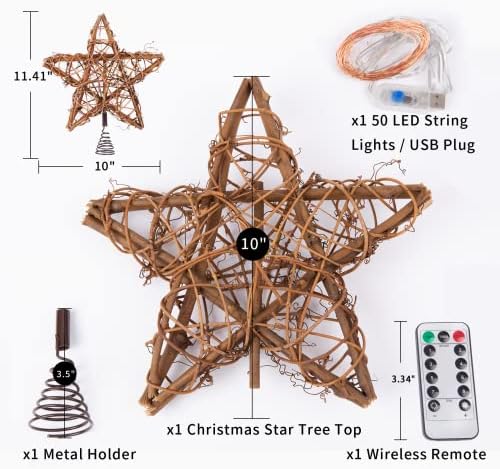 YICYC Rattan Természetes Karácsonyi Csillag csúcsdíszt, a Kivilágított karácsonyfa Topper 8 Fény Alkalmazkodási Módok 50