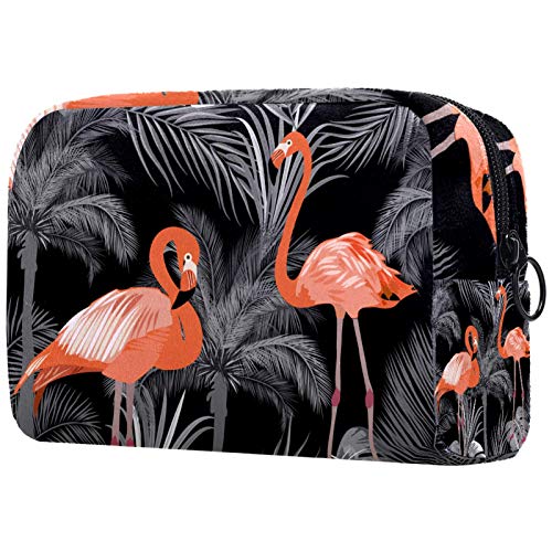 Fürdőszobai Kozmetikai Táska Utazási Smink Szervező Mosás Táska Tok Cipzárral Szürke Trópusi Plam Fa Flamingó Utazási Kellékek