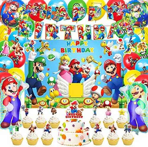 Mario Születésnapi Party Kellékek - Mario Party Kellékek Közé Tartozik Banner Terítő Lóg Kavarog, Lufik, Torta Toplisták,