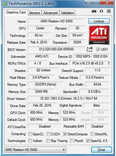 QTHREE Radeon HD 5450 Grafikus Kártya,2 GB,GDDR3,64 Bit,DVI/HDMI/VGA,Alacsony Profilú,PCI Express x16 2.0,Asztali Videó Kártya